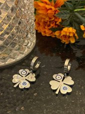 Aksesuar Çarşısı Çelik Nazar Boncuklu Yonca Küpe Silver thumbnail 3