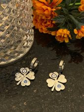 Aksesuar Çarşısı Çelik Nazar Boncuklu Yonca Küpe Silver thumbnail 4