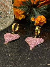 Aksesuar Çarşısı Çelik Pembe Taşlı Kalp Küpe thumbnail 1