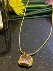 Aksesuar Çarşısı Pembe Kristal Taş Detaylı İnce İtalyan Zincir Kolye - 4