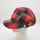 Turuncu Renk Kare Desenli Siperli Bayan Şapka - 1