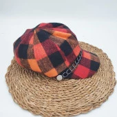 Turuncu Renk Kare Desenli Siperli Bayan Şapka - 8