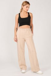 Kadın Çima Dikiş Bol Paça Eşofman Altı Bej - 4