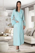 Mecit 5342 Bayan Hamile Lohusa Turkuaz Dantelli Uzun Kol Sabahlık thumbnail 2
