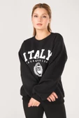 Kadın Sıfır Yaka İtaly Baskı Oversize Sweatshirt Siyah - 5
