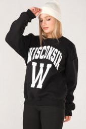 Kadın Sıfır Yaka Winsconsin Baskı Overzie Baskı Sweatshirt Siyah - 1