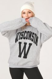 Kadın Sıfır Yaka Winsconsin Baskı Overzie Baskı Sweatshirt Gri - 2