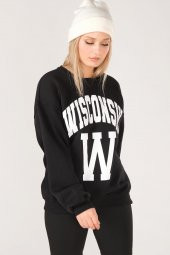 Kadın Sıfır Yaka Winsconsin Baskı Overzie Baskı Sweatshirt Siyah - 4