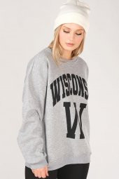 Kadın Sıfır Yaka Winsconsin Baskı Overzie Baskı Sweatshirt Gri - 3