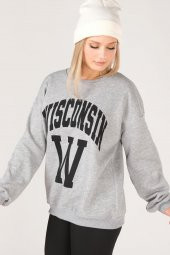 Kadın Sıfır Yaka Winsconsin Baskı Overzie Baskı Sweatshirt Gri - 4