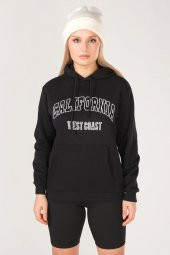 Kadın California Baskılı Kanguru Cep Kapuşonlu Sweatshirt Siyah - 1