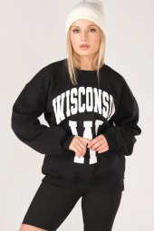 Kadın Sıfır Yaka Winsconsin Baskı Overzie Baskı Sweatshirt Siyah - 2