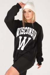 Kadın Sıfır Yaka Winsconsin Baskı Overzie Baskı Sweatshirt Siyah - 5
