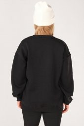 Kadın Sıfır Yaka Winsconsin Baskı Overzie Baskı Sweatshirt Siyah - 6