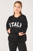 Kadın Sıfır Yaka İtaly Baskı Oversize Sweatshirt Siyah - 2