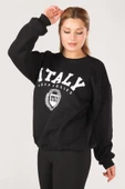 Kadın Sıfır Yaka İtaly Baskı Oversize Sweatshirt Siyah - 3