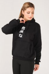 Kadın Kanguru Cep Kapüşonlu Sırt Baskılı Sweatshirt Siyah - 1