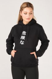 Kadın Kanguru Cep Kapüşonlu Sırt Baskılı Sweatshirt Siyah - 3