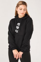 Kadın Kanguru Cep Kapüşonlu Sırt Baskılı Sweatshirt Siyah - 4