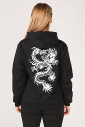 Kadın Kanguru Cep Kapüşonlu Sırt Baskılı Sweatshirt Siyah - 5