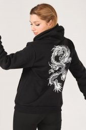 Kadın Kanguru Cep Kapüşonlu Sırt Baskılı Sweatshirt Siyah - 6