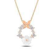 Manolya Çiçeği Kelebek Detaylı 925 Ayar Gümüş Kolye ROSE thumbnail 1