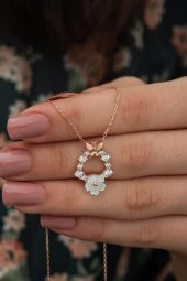 Manolya Çiçeği Kelebek Detaylı 925 Ayar Gümüş Kolye ROSE thumbnail 4