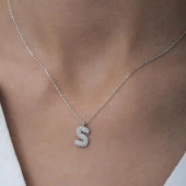 Gümüş Rodyum Kaplama Taşlı Harf Kolye - 8