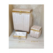 Mdf Kapitone Aynalı Kadife 3lü Kirli Çamaşır Sepeti Banyo Seti Cappucino VizonBej - 1