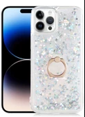 Apple iPhone 14 Pro Max Kılıf Sıvılı Simli Pullu Yüzüklü Standlı Lüx Silikon - 5