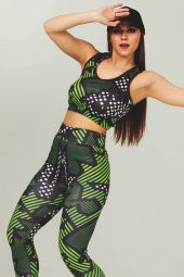 Yeşil Renk Ve Desenli 3017 Dijital Baskılı Kadın Yüksek Bel Ve Toparlayıcı Tayt - Büstiyer Takım - 2