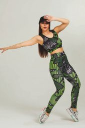 Yeşil Renk Ve Desenli 3017 Dijital Baskılı Kadın Yüksek Bel Ve Toparlayıcı Tayt - Büstiyer Takım - 1
