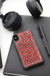 Guard Kırmızı Croco Desen Hakiki Deri iPhone X / XS Kılıfı - 1