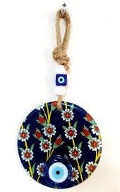 Çiçek Desenli Lacivert Nazar Boncuklu Füzyon Cam Duvar Süsü thumbnail 2