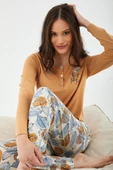 Pierre Cardin 8425 Good Things Take Time Camel Kadın Uzun Kol Pijama Takım thumbnail 2