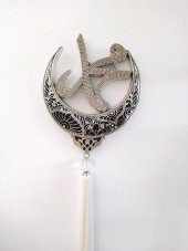 Duvar Süsü Muhammed Yazılı Püsküllü Hilal Gümüş Renk Taşlı Duvar Dekoru - 5