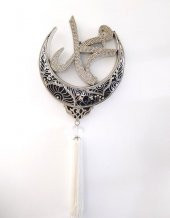 Duvar Süsü Muhammed Yazılı Püsküllü Hilal Gümüş Renk Taşlı Duvar Dekoru - 1