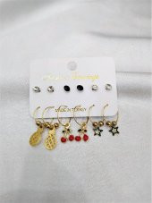GOLD KAPLAMA KIRMIZI KİRAZ VE ANANAS FİGÜRLÜ 6 ÇİFT ÇOKLU KOMBİN  KÜPE-KK169 - 2