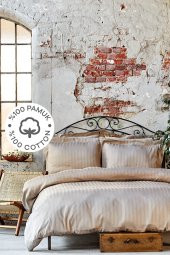 Charm Bold Bej Saten %100 Pamuk Çift Kişilik Nevresim Takımı - 1