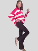 V Polo Yaka Kalın Oversize Triko Kazak - Pembe Beyaz - Standart - 3