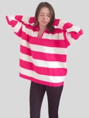 V Polo Yaka Kalın Oversize Triko Kazak - Pembe Beyaz - Standart - 1