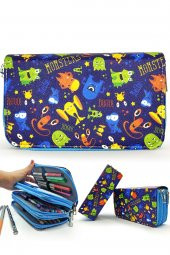 Kalem Kutusu Monster Sevimli Canavarlar Kawai Organizer Kalemkutu Vegan Deri Üç Bölmeli Kalemlik thumbnail 1