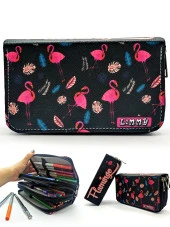 Kalem Kutusu Flamingo Siyah Kawai Organizer Kalemkutu Vegan Deri Üç Bölmeli Kalemlik Siyah - 1