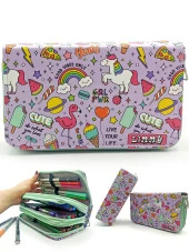 Kalem Kutusu Unicorn-Flamingo Kawai Organizer Kalemkutu Vegan Deri Üç Bölmeli Kalemlik - Yeşil - 1