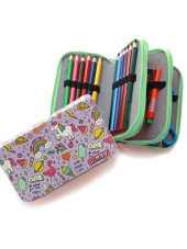 Kalem Kutusu Unicorn-Flamingo Kawai Organizer Kalemkutu Vegan Deri Üç Bölmeli Kalemlik - Yeşil - 3