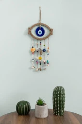 Nazar Boncuklu Hasır Deniz Kabuklu Kötü Göz Kovucu Hand Made Duvar Süsü Rüzgar Çanı - 1