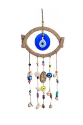 Nazar Boncuklu Hasır Deniz Kabuklu Kötü Göz Kovucu Hand Made Duvar Süsü Rüzgar Çanı - 2