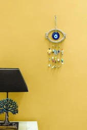 Nazar Boncuklu Hasır Deniz Kabuklu Kötü Göz Kovucu Hand Made Duvar Süsü Rüzgar Çanı - 4
