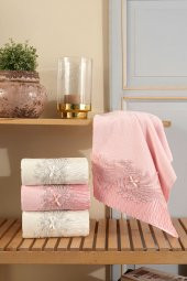 Louis Marie | 50x90 cm | Ivy | Nakışlı | Dantelli | Pamuk | Pudra-Krem | 4 Adet | El Yüz Havlu Seti - 1