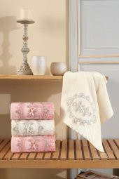 Louis Marie | 50x90 Cm | Damask | Nakışlı | Dantelli | Pamuk | Pudra-krem |4 Adet| El Yüz Havlu Seti - 1